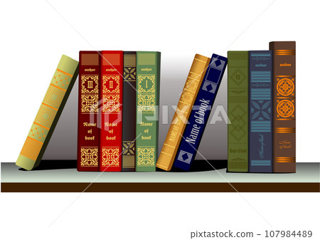 Bookshelf with standings on it books. Bookshelf with standings on it books. 107984489