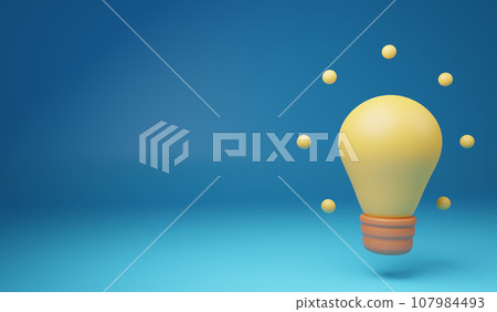 3d render cute cartoon electric light bulb icon with rays of light. 107984493