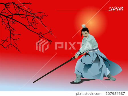 Black silhouette of Samurai with the sword on hight sky background. 107984687