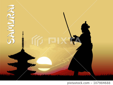 Black silhouette of Samurai with the sword on hight sky background. 107984688