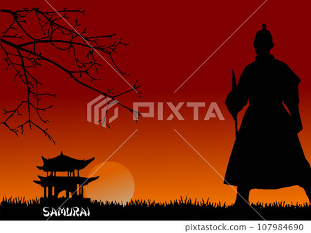 Black silhouette of Samurai with the sword on hight sky background. 107984690