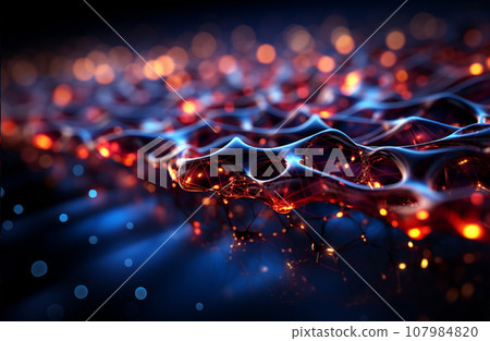 AI-generated content. Black blue yellow background, glowing rays with flickering particles, network AI-generated content. Black blue yellow background, glowing rays with flickering particles, network 107984820