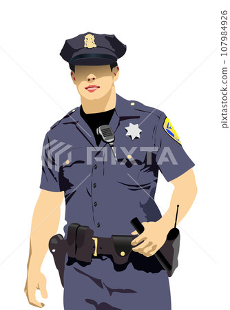 Policeman with walkie-talkie radio. Vector 107984926