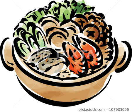 Hot pot cooking Japanese food Sumi-e Ink painting Watercolor Hand-painted Illustration material 107985096