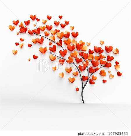 Heart-shaped autumn leaves tree white background AI image 107985283