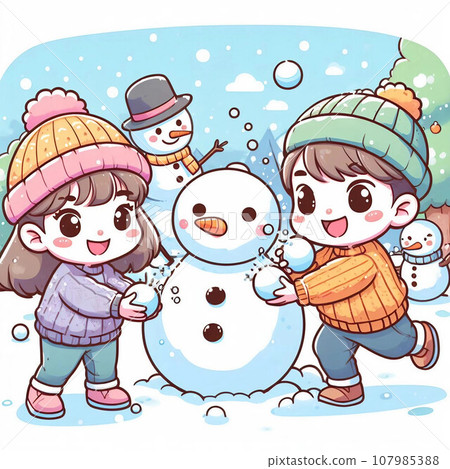 Children making a snowman Children making a snowman 107985388