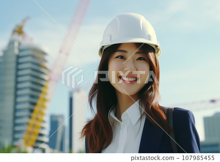 建築師/設計師/施工管理/維護/檢查/施工/建築/穿著西裝和頭盔的女商人 107985455