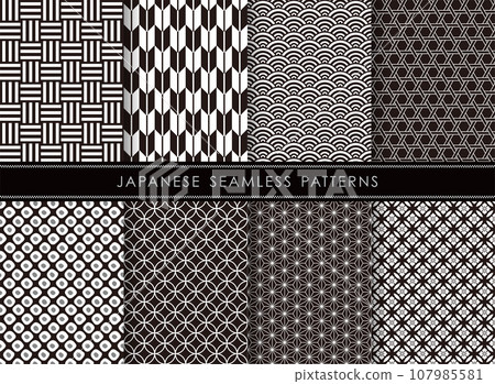 A set of monochrome Japanese patterns that are seamless both vertically and horizontally. A set of monochrome Japanese patterns that are seamless both vertically and horizontally. 107985581