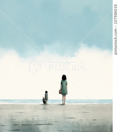 two children on the seashore look into the distance. view from the back. watercolor illustration 107986038