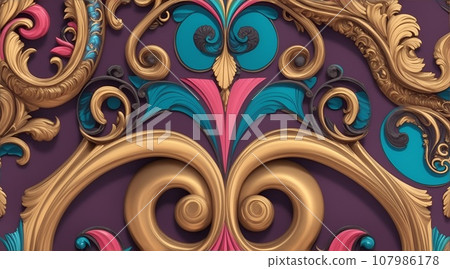 Colorful and abstract patterned wallpaper in baroque and art nouveau style 107986178
