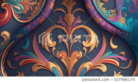 Colorful and abstract patterned wallpaper in baroque and art nouveau style 107986179