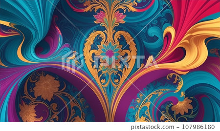Colorful and abstract patterned wallpaper in baroque and art nouveau style 107986180