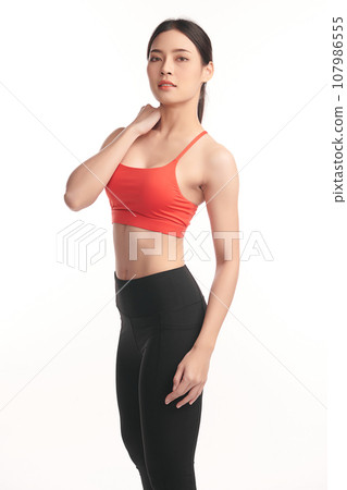 Beautiful young asian sport woman with sportswear ready for exercise on white background, Advertising sportswear and yoga wear, Healthy lifestyle, sport. Beautiful young asian sport woman with sportswear ready for exercise on white background, Advertising sportswear and yoga wear, Healthy lifestyle, sport. 107986555