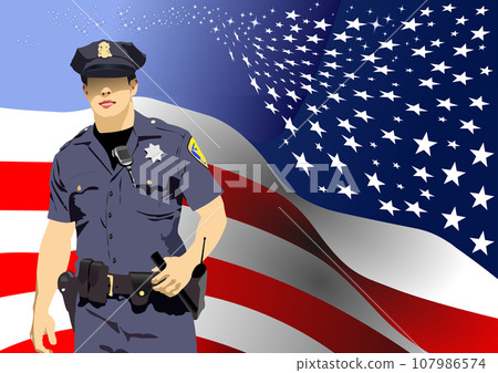 Policeman with walkie-talkie radio on American flag background. 107986574