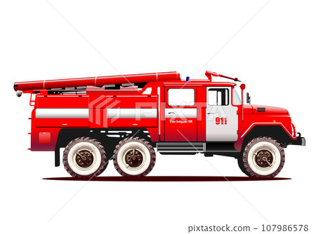 Fire engine and fireman isolated on background. 107986578