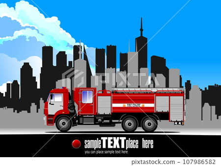 Fire engine on city background. Fire engine on city background. 107986582
