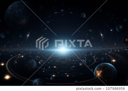 浩瀚宇宙、行星與軌道AI圖像的抽象背景素材 107986956