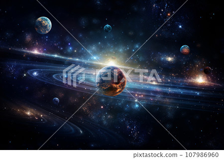 浩瀚宇宙、行星與軌道AI圖像的抽象背景素材 107986960