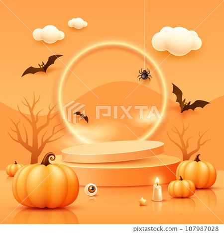 Halloween orange two podiums overlapped, pumpkins, candle and bat flying, trees, spider web, poster design on orange background 107987028