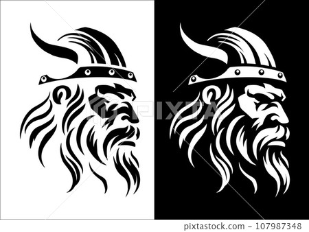 Viking Warrior Man Strong Mascot Face in Helmet Viking Warrior Man Strong Mascot Face in Helmet 107987348