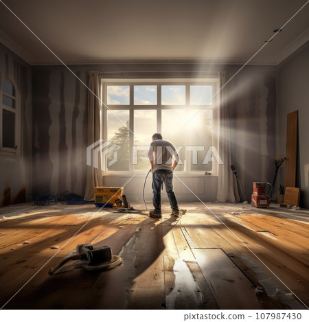 Professional Carpenter installing floor. House Renovate concept. Generative AI Professional Carpenter installing floor. House Renovate concept. Generative AI 107987430
