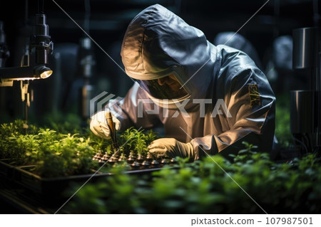 Greenhouse laboratory. A scientist working at Hydroponic lab. Generative AI Greenhouse laboratory. A scientist working at Hydroponic lab. Generative AI 107987501