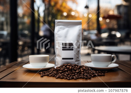 Coffee package show case on table at cafe. Generative AI 107987876