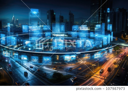 Abstract night cityscape background. Smart city, ai and digital transformation concept. Double exposure 107987973
