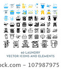 60 Vector Colored Washing Icons and Laundry Symbols in Flat Style 107987975