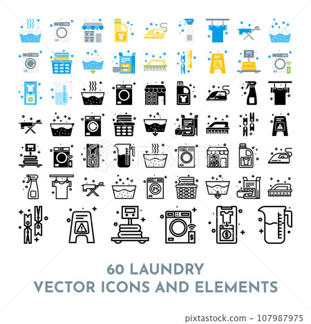 60 Vector Colored Washing Icons and Laundry Symbols in Flat Style 107987975
