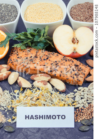 Inscription hashimoto with products and ingredients containing vitamins for healthy thyroid Inscription hashimoto with products and ingredients containing vitamins for healthy thyroid 107988148