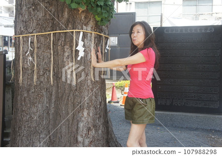 Healthy tall girl climbing a tree Healthy tall girl climbing a tree 107988298