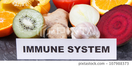 Inscription immune system with fruits and vegetables. Source vitamins, minerals and dietary fiber Inscription immune system with fruits and vegetables. Source vitamins, minerals and dietary fiber 107988373