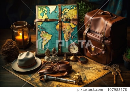 Tourism or travel concept. Leather bag, boots, hat. Generative AI 107988578