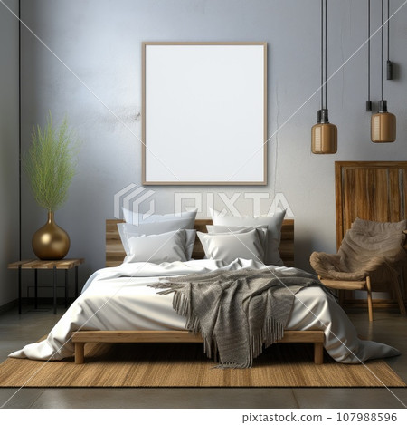 Blank picture frame mockup with luxury bed on bed room. Generative AI Blank picture frame mockup with luxury bed on bed room. Generative AI 107988596