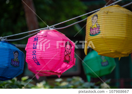 Colorful Buddha birthday lanterns at Namsangol Hanok Village in Seoul South Korea Colorful Buddha birthday lanterns at Namsangol Hanok Village in Seoul South Korea 107988667