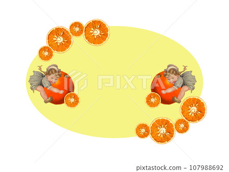 Oval label design of girl clinging to orange Oval label design of girl clinging to orange 107988692