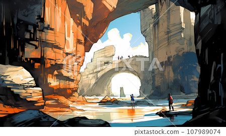 Illustration with a view of Playa de Las Catedrales, Spain 107989074