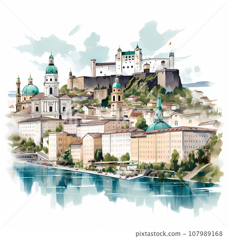 Illustration of beautiful view of Salzburg, Austria 107989168