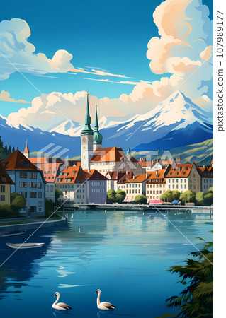 Illustration of beautiful view of Lucerne, Switzerland Illustration of beautiful view of Lucerne, Switzerland 107989177