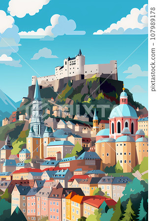 Illustration of beautiful view of Salzburg, Austria 107989178