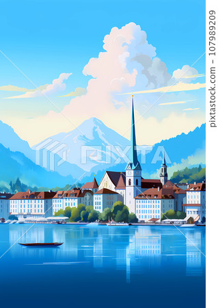 Illustration of beautiful view of Lucerne, Switzerland Illustration of beautiful view of Lucerne, Switzerland 107989209