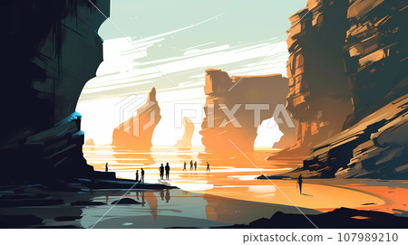 Illustration with a view of Playa de Las Catedrales, Spain 107989210
