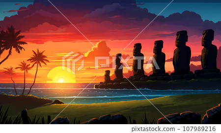 Illustration of the beautiful view of the huge statues on Easter Island, Chile 107989216