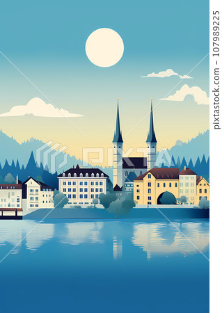 Illustration of beautiful view of Lucerne, Switzerland Illustration of beautiful view of Lucerne, Switzerland 107989225