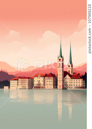 Illustration of beautiful view of Lucerne, Switzerland Illustration of beautiful view of Lucerne, Switzerland 107989228