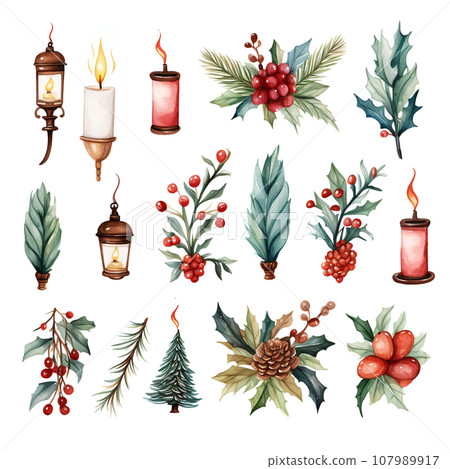 Set of isolated Christmas vintage ornament decoration in watercolor style. Generative AI. 107989917
