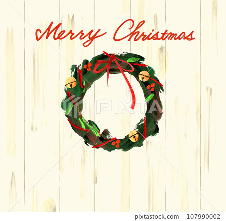 聖誕快樂手寫字母、帶絲帶的聖誕花環和鈴手繪插圖 107990002
