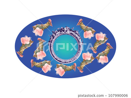Oval label design with celebrity fish scattered on pink jellyfish Oval label design with celebrity fish scattered on pink jellyfish 107990006