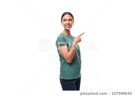 portrait of a brunette caucasian woman in a casual look pointing with her hands in other directions 107990649